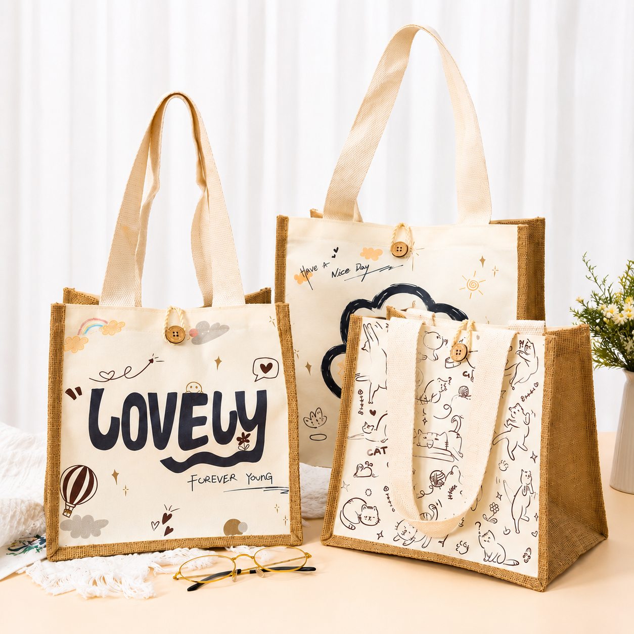 Jute Carry Bags with Canvas Panels - Image 1