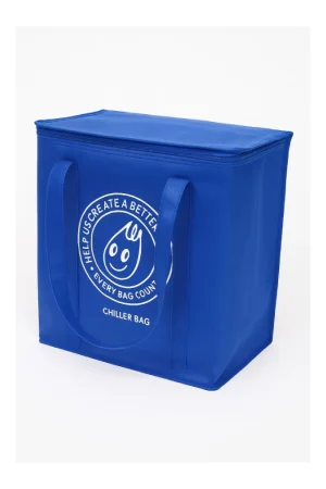 Royal blue non-woven cooler bag with matching handles, zip lid and white circular printed logo.