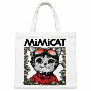 White pure cotton tote bag with natural handles and a full-colour cartoon cat illustration with black MIMICAT lettering.