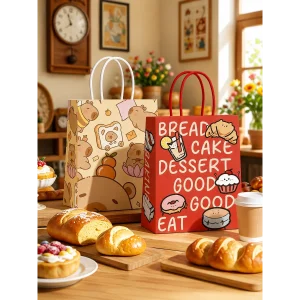 White kraft paper bag with red handles and colourful bakery cartoon print, surrounded by bread rolls and pastries.
