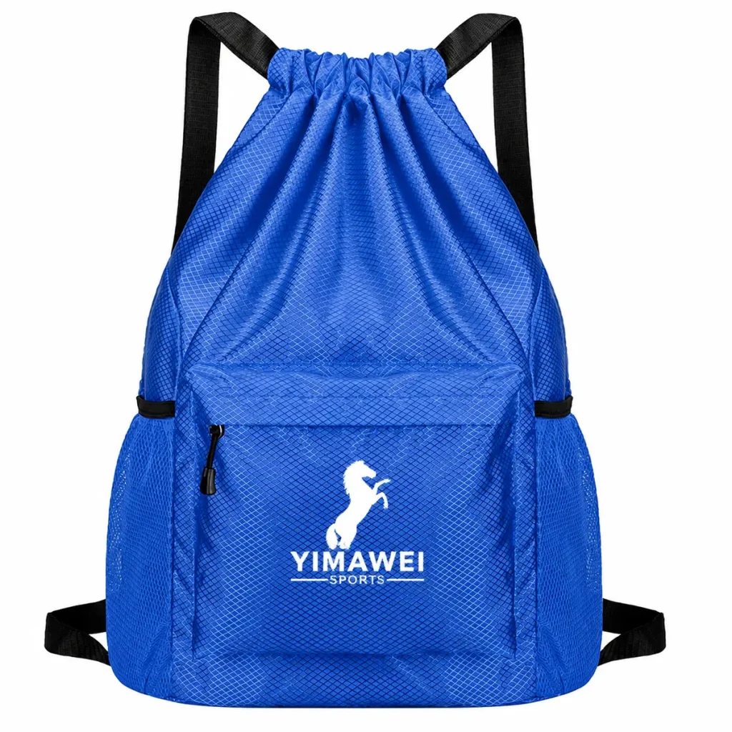 Royal blue Oxford fabric drawstring backpack with black straps, front zip pocket and white horse logo print.