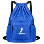 Royal blue Oxford fabric drawstring backpack with black straps, front zip pocket and white horse logo print.