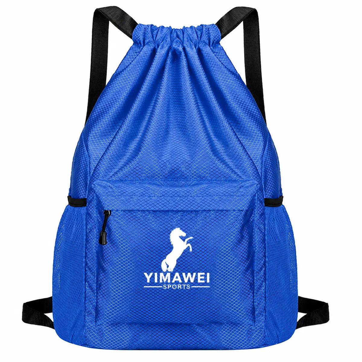 Royal blue Oxford fabric drawstring backpack with black straps, front zip pocket and white horse logo print.