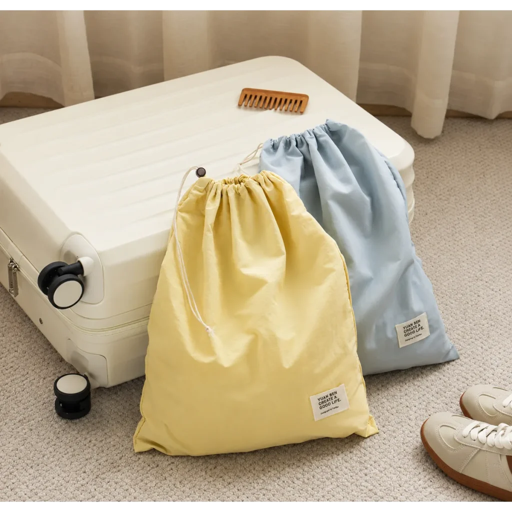 Pale yellow and light blue waterproof nylon drawstring bags with cord closures and small labels, beside a suitcase.