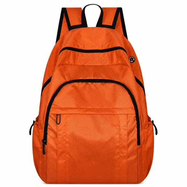 Bright orange travel backpack with black zips, multiple front pockets and padded shoulder straps.