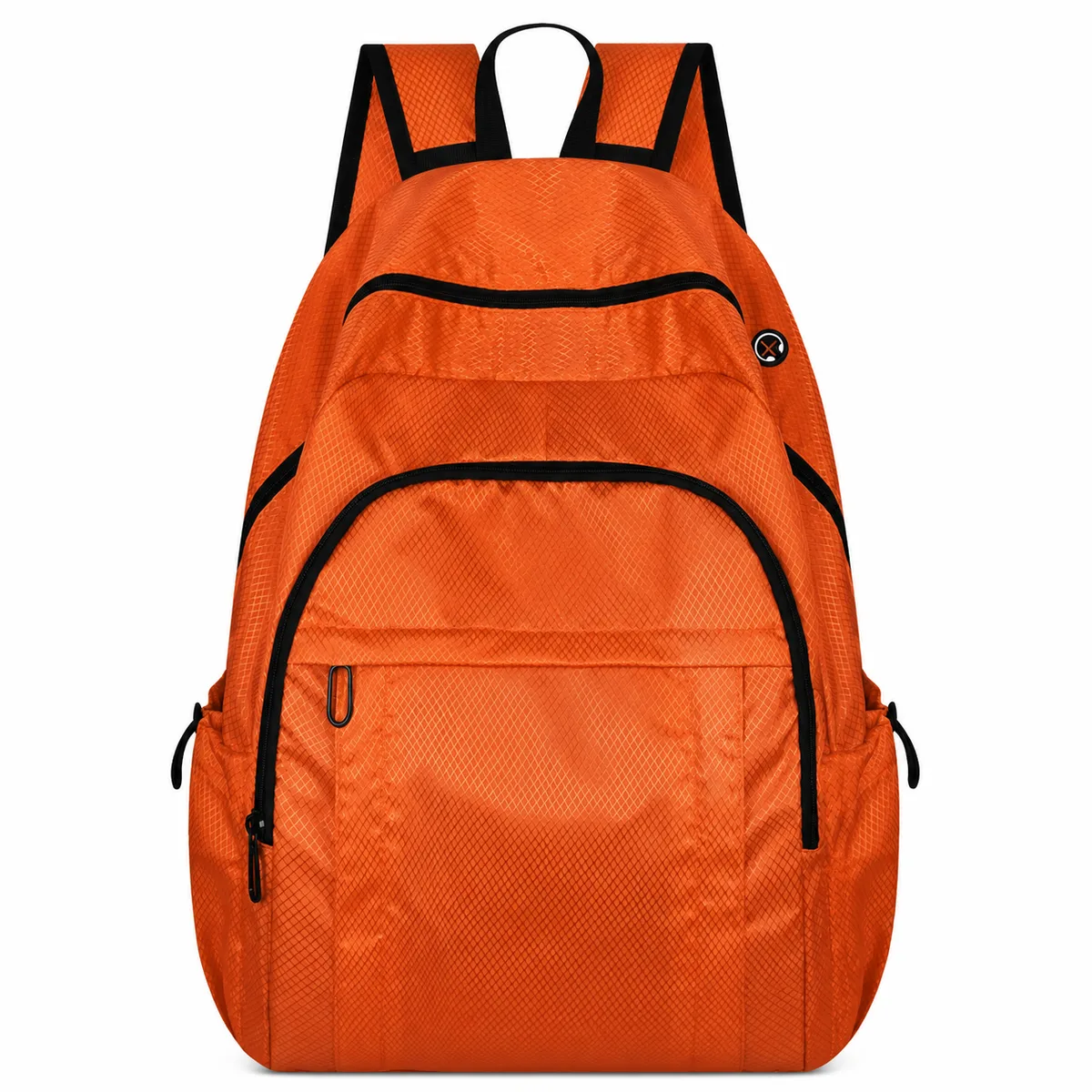Bright orange travel backpack with black zips, multiple front pockets and padded shoulder straps.